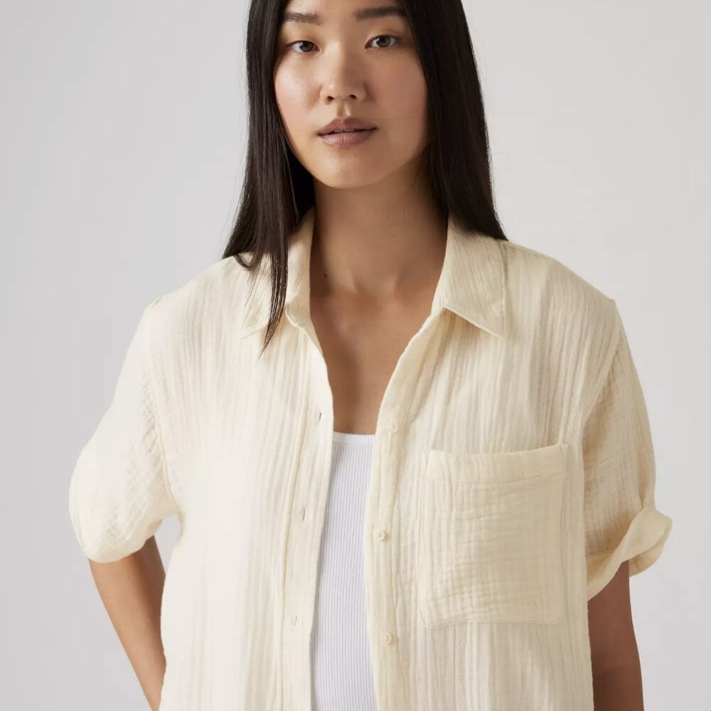 Darlene Short-Sleeve Button Down Shirt Cotton Gauze Cream Size M - Picture 2 of 7